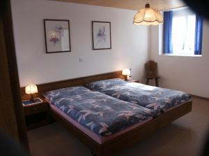 MünsterlingenにあるHotel Garni Sonneのベッドルーム1室(ベッド1台、テーブルにランプ2つ付)