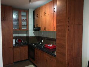 een keuken met houten kasten en een wastafel bij Apartment Milos in Belgrado