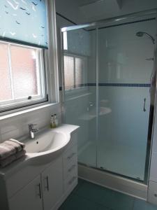 ポーツマスにあるSpecial seafront apartmentのバスルーム(洗面台、ガラス張りのシャワー付)