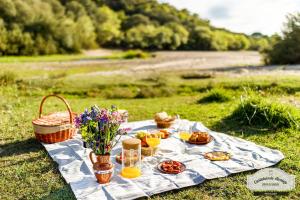 a picnic table with food and flowers on a field at Quinta da Saudade in Ponte de Sor