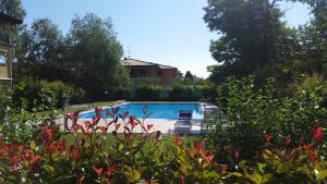 a swimming pool in a yard with red flowers at Sirmione, Borgo Rosa, your holiday flat in Sirmione