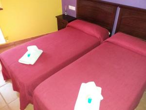 two beds in a hotel room with towels on them at Hospedería Prepirineo in Undués-Pintano