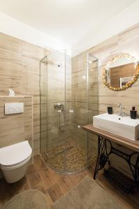 Un baño con inodoro, lavabo y ducha. en 4 Seasons House, en Roč 37 fotos más