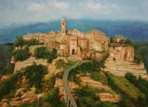 una pintura de un castillo en una montaña con un camino en Civita Nova, en Bagnoregio