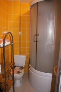 La salle de bains est pourvue de toilettes et d'une douche avec du carrelage jaune. dans l'établissement Butas Prie Nemuno, à Druskininkai