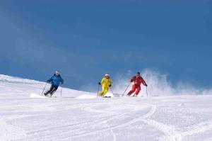 圣沃尔夫冈Schafberg Apartment的三人在雪覆盖的斜坡上滑雪