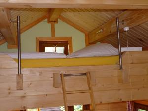two bunk beds in a cabin with wooden walls at Haus Alwine in Borkheide