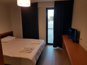 - une chambre avec un lit, une télévision et une fenêtre dans l'établissement Dima Orbi apart. Bakuriani, à Bakuriani