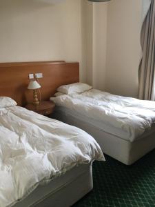 two beds in a bedroom with a lamp on a table at The Bridge View in Runcorn