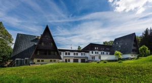 uma casa com dois telhados pontiagudos num campo verde em Hotel Pod Šaumburkem em Rajnochovice