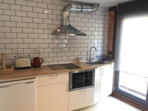 a kitchen with a sink and a stove top oven at Suites La Catedral in León