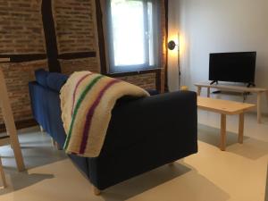 a blue couch with a blanket on it in a living room at Suites La Catedral in León