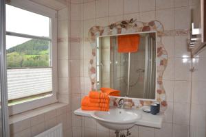 ein Badezimmer mit Waschbecken und Spiegel in der Unterkunft Appart Sölkhof in Schöder