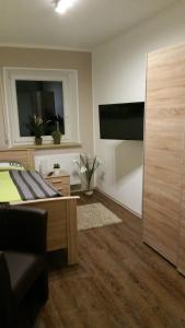 a bedroom with a bed and a flat screen tv at FeWo Wilhelmshaven Voslapp 267 in Wilhelmshaven