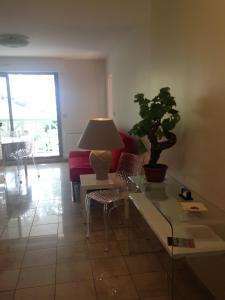 ein Wohnzimmer mit einem Sofa und einem Tisch mit einer Pflanze in der Unterkunft Joli T2 proche de la mer in Arcachon