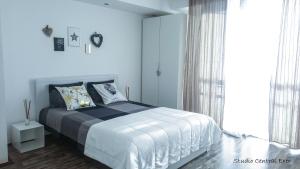 Un dormitorio blanco con una cama grande y una ventana en Studio Central Exer, en Bucarest