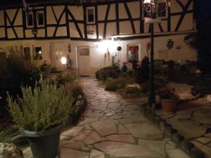 eine Terrasse mit Topfpflanzen in einem Gebäude in der Unterkunft Sabershausen Landhof Sonne in Sabershausen