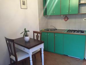 ベルガモにあるLe Muraveneteのキッチン(緑のキャビネット、テーブル、シンク付)