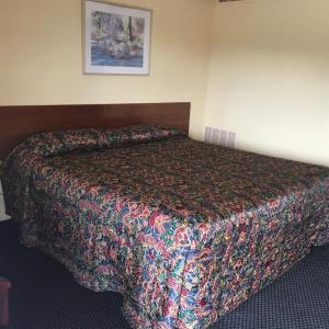Ce lit se trouve dans une chambre d'hôtel dotée d'un couvre-lit coloré. dans l'établissement Guest House Motel Chanute, à Chanute