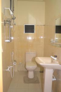 a bathroom with a toilet and a sink and a shower at Hotel Thilon in Katunayake