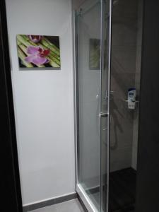 y baño con ducha y puerta de cristal. en Studio Loft Fuerteventura, en Puerto del Rosario