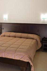 a bed in a bedroom with two lights on the wall at Hotel Gio in Arad