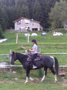 une femme à cheval dans un champ dans l'établissement Agriturismo Valsaviore, à Cevo