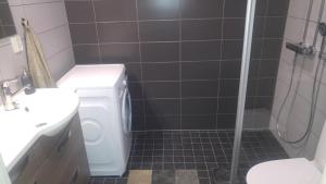 a bathroom with a shower and a toilet and a sink at Pähkinäpuisto Apartments in Tampere +15 photos
