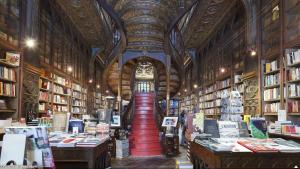 a library with bookshelves and a red carpet in it at Flowerstreet54 in Porto