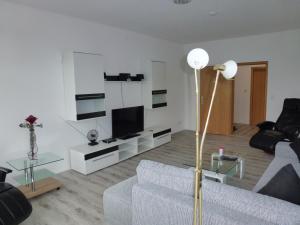 een woonkamer met een bank en een tv bij Hotel Wildunger Hof mit Gemeinschaftsküche in Bad Wildungen