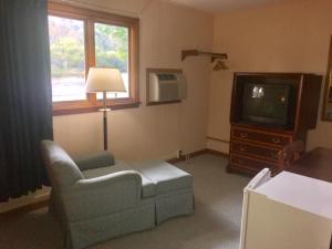 a living room with a couch and a tv at Economy Inn Alfred Station in Alfred