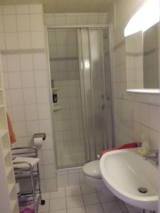 ein Bad mit einer Dusche, einem WC und einem Waschbecken in der Unterkunft Haus Wiesel in Bispingen