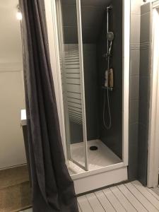 La salle de bains est pourvue d'une douche avec une porte en verre. dans l'établissement Villa Fleurs de France, à Criel-sur-Mer