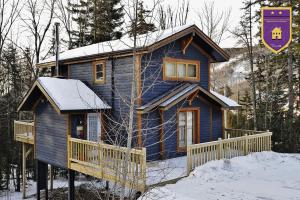 a blue house in the snow with a sign at Chalets Alpins - 01 Chemin Alpin in Stoneham