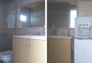 two pictures of a bathroom with a sink and a refrigerator at Villa Xristos Kalogeris in Ksamil