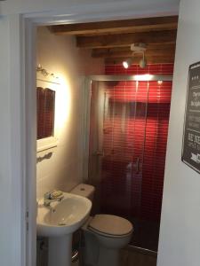 La salle de bains est pourvue de toilettes, d'un lavabo et d'une douche. dans l'établissement Casa da Azenha Castellvm, à Alcabideque