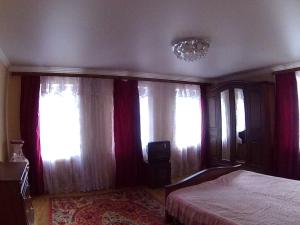 キスロヴォツクにあるАпартаменты Толстогоのベッドルーム1室(ベッド1台付)、窓(シャンデリア付)