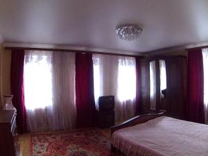 キスロヴォツクにあるАпартаменты Толстогоのベッドルーム1室(ベッド1台付)、窓(シャンデリア付)