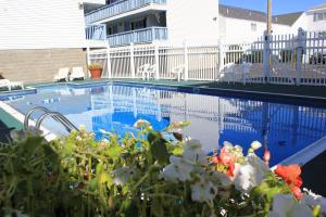 a swimming pool with flowers in front of a house at Flagship Motorcourt in Hampton