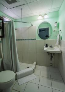 a bathroom with a shower and a toilet and a sink at Inn at 87 in Port-of-Spain