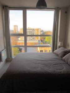 a bedroom with a bed and a large window at Departamentos Germania in Temuco