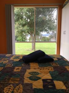 a bed with a quilt on it in front of a window at Lakeside At mallacoota in Mallacoota