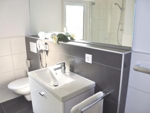 La salle de bains est pourvue d'un lavabo, de toilettes et d'un miroir. dans l'établissement Ferienhaus Jäger, à Friedrichshafen
