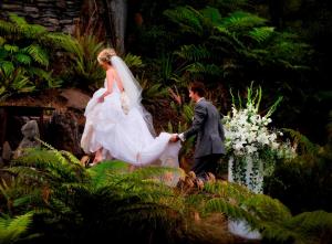 Una novia y un novio caminando por un jardín en Treetops Lodge & Estate, en Horohoro