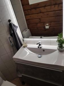 a bathroom with a white sink and a mirror at Levinlento in Levi +69 photos