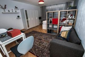 ein Wohnzimmer mit einem Sofa, einem Stuhl und einem Tisch in der Unterkunft Lovely studio in Augsburg in Augsburg