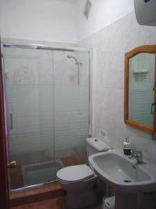 łazienka z prysznicem, toaletą i umywalką w obiekcie Goyo Gomera Apartments w mieście Valle Gran Rey