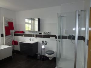 uma casa de banho com um chuveiro, um WC e um lavatório. em Hotel Wildunger Hof mit Gemeinschaftsküche em Bad Wildungen