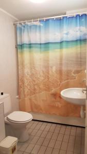uma casa de banho com uma cortina de chuveiro, um WC e um lavatório. em the Lighthouse em Hollum