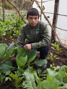 un joven arrodillado en un huerto en Mountain Lodges of Nepal - Phakding, en Phakding